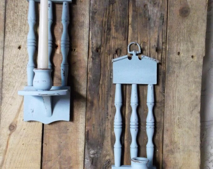 Pair of Vintage Wood Candle Sconces Blue Candle Sconces Etsy