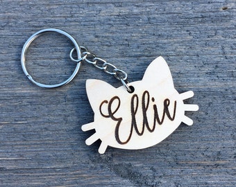 Personalized Cat Keychain, Custom Keychain, Engraved Wood Keychain, Christmas Gift Stocking Stuffer Anniversary Birthday Bridesmaid Key Ring