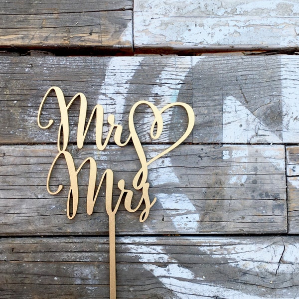 Mr Heart Mrs Wooden Wedding Cake Topper, 6 inch