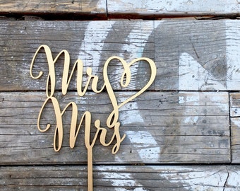 Mr Heart Mrs Wedding Cake Topper 6" inches, Mr Love Mrs Topper Script Unique Laser Cut Cake Topper by Ngo Creations