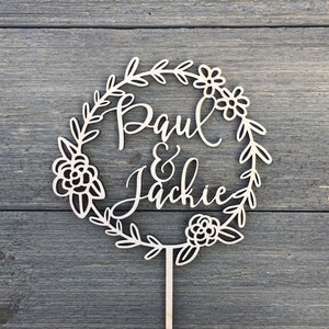 Floral Wreath Wedding Cake Topper with Personalizable Names 5.5"D inches, Personalized Custom Unique Laser Cut Wood Rustic Toppers