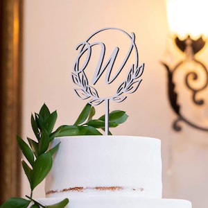 Custom Initial with Date Circle Half Wreath Cake Topper 5&quot;D inches, Personalized Initial Cake Topper, Personalized Date Cake Topper, Modern