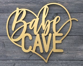 Babe Cave Heart Wall Sign, 13"W x 11"H, Wooden Sign, Laser Cut Wood Sign, Cute Sign, Fun Door Sign, Office Sign, Teen Girls Room Sign