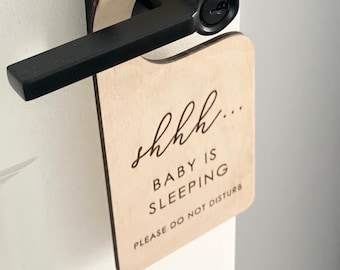 Shhh Baby Sleeping Wood Door Hanger Sign, Nursery Decor