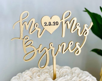 Custom Mr Heart Mrs Name Cake Topper with Engraved Date on Heart, 6" inches wide, Last Name Cake Topper, Unique Personalized Cake Topper