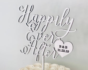 Personalized Happily Ever After Initials & Date Cake Topper with Heart 6" inches wide, Wedding Cake Topper, Fairytale Cake Topper, Custom