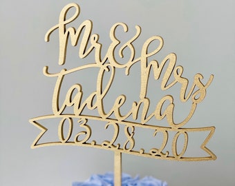 Personalized Mr & Mrs Name Cake Topper with Date Banner 6" inches wide, Wedding, Birthday, Bridal, Engagement, Anniversary, Baby Shower