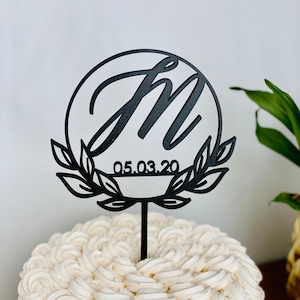 Custom Initial with Date Circle Half Wreath Cake Topper 5"D inches, Personalized Initial Cake Topper, Personalized Date Cake Topper, Modern