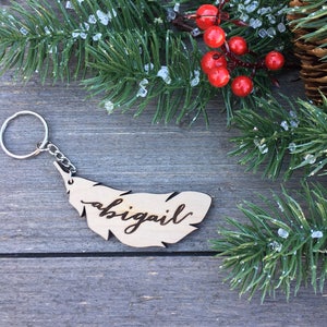 Personalized Wood Feather Keychain, 3W Keychain, Engraved Keychain, Cute Anniversary Wedding Birthday Christmas Bridesmaid Key Chain Ring image 2
