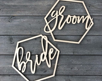 Bride and Groom Hexagon Chair Signs, Geometric Chair Sign, Wifey and Hubby Chair Back, Chair Decor, Signs for Chair, His and Hers