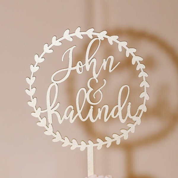 Personalize Names with Circle Wreath Wedding Cake Topper 5.5" inches, Personalized Custom Unique Laser Cut Rustic Toppers by Ngo Creations