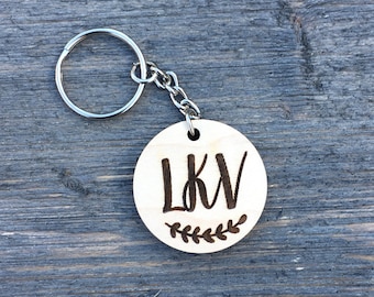 Personalized Monogram Keychain, Wood Keychain Engraved Cute Anniversary Wedding Birthday Christmas Bridesmaid Key Chain Ring Gift