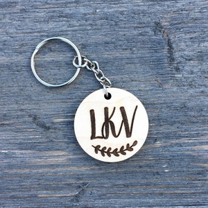 Personalized Monogram Keychain, Wood Keychain Engraved Cute Anniversary Wedding Birthday Christmas Bridesmaid Key Chain Ring Gift image 1