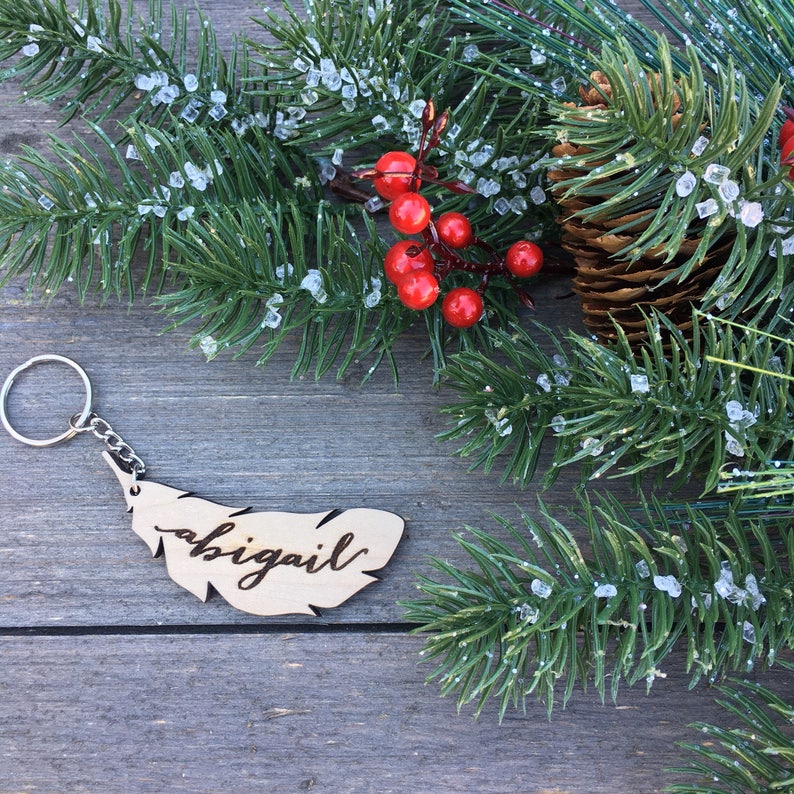 Personalized Wood Feather Keychain, 3W Keychain, Engraved Keychain, Cute Anniversary Wedding Birthday Christmas Bridesmaid Key Chain Ring image 2