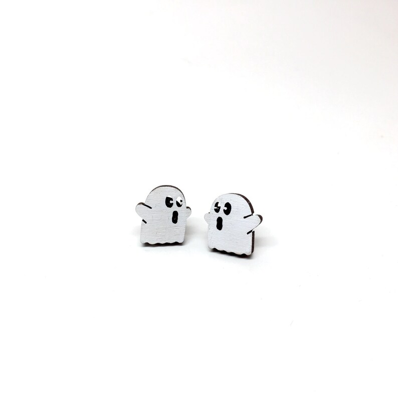 Little Spooks Ghost Earrings, Laser Cut Wood Earrings, Halloween, Mini Ghosts, Wooden Jewelry by Ngo Creations image 4