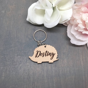 Personalized Hedgehog Keychain, Wood Keychain, Engraved Wood Keychain, Cute Anniversary Wedding Birthday Christmas Bridesmaid Key Chain Ring