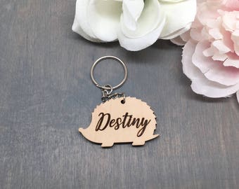 Personalized Hedgehog Keychain, Wood Keychain, Engraved Wood Keychain, Cute Anniversary Wedding Birthday Christmas Bridesmaid Key Chain Ring