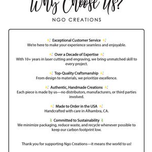 May include: Why Choose Us? Ngo Creations. A graphic with a list of reasons to choose Ngo Creations, including exceptional customer service, over a decade of expertise, top-quality craftsmanship, authentic handmade creations, made to order in the USA, and committed to sustainability.
