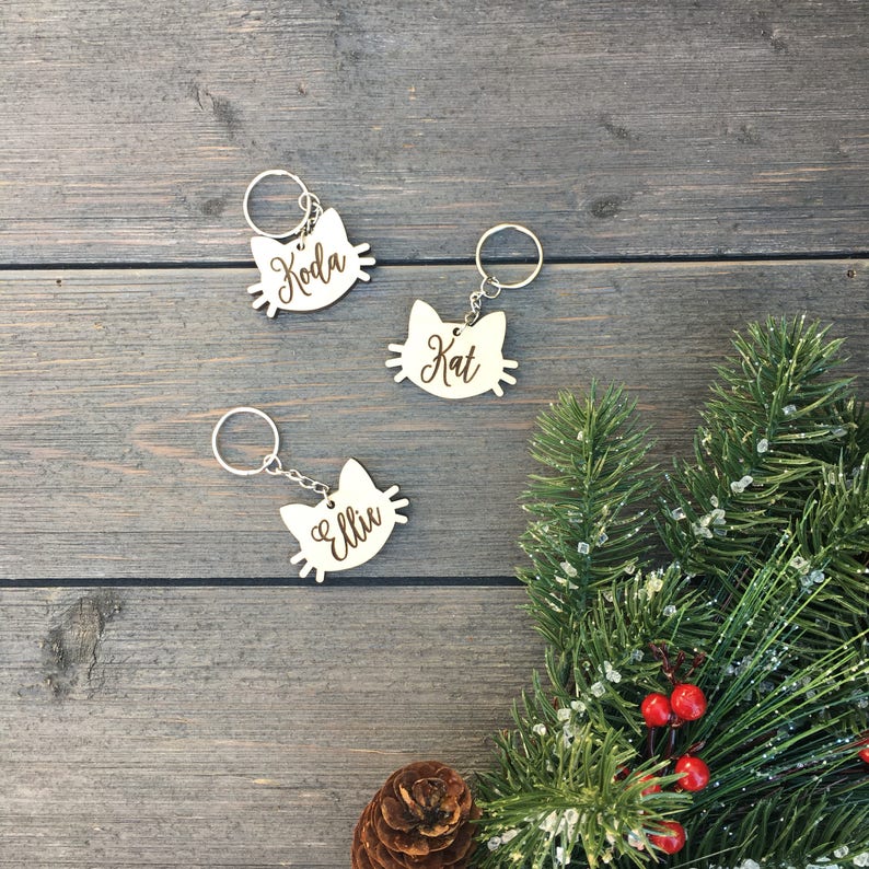 Personalized Cat Keychain, Custom Keychain, Engraved Wood Keychain, Christmas Gift Stocking Stuffer Anniversary Birthday Bridesmaid Key Ring image 3