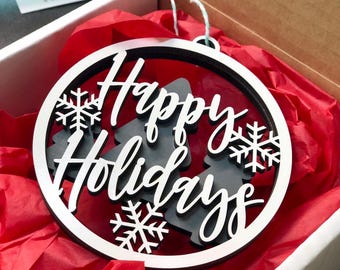 Happy Holidays Ornament: Double layer design - non-personalizable- Christmas Gift, Holiday decor, teacher gift