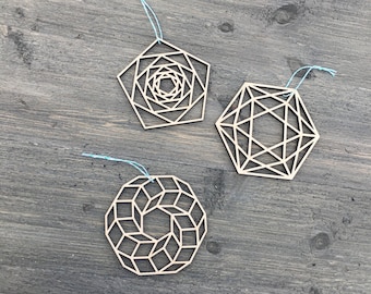 Geometric Ornaments, Set of 3, 5" inches wide, Unique WOOD Christmas Ornaments, Laser Cut Christmas Ornament, Wood Ornaments 2023