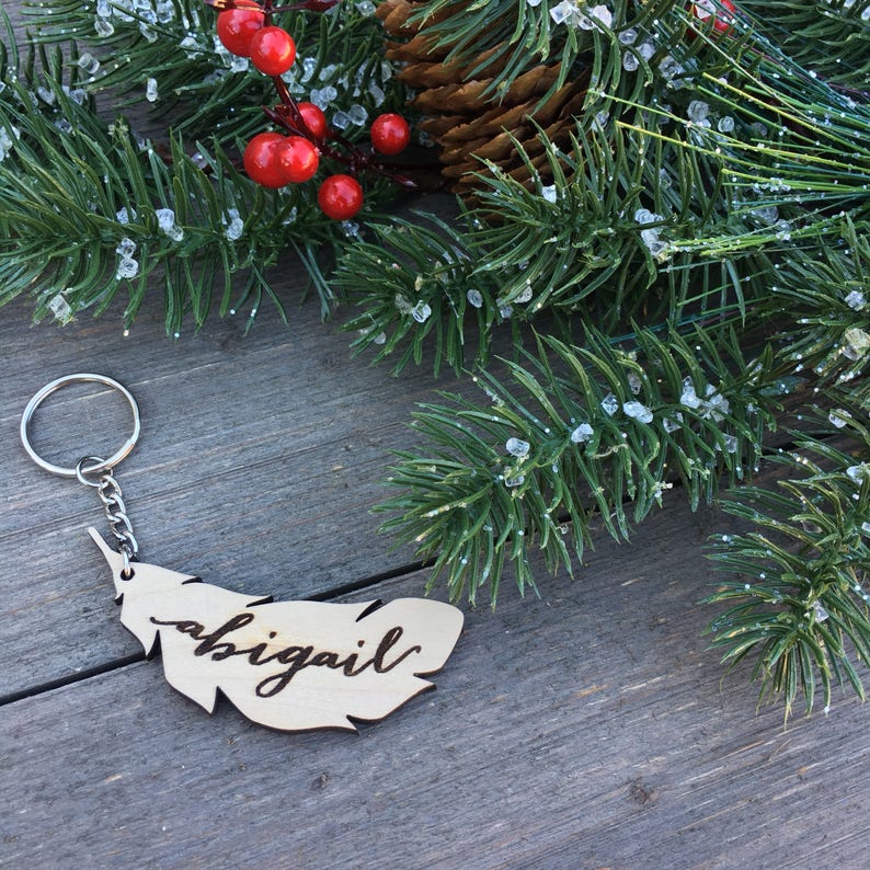 Personalized Wood Feather Keychain, 3W Keychain, Engraved Keychain, Cute Anniversary Wedding Birthday Christmas Bridesmaid Key Chain Ring image 3
