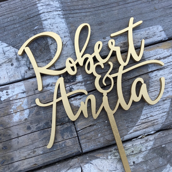 Adorno para tarta de boda con nombres personalizados, silueta de pareja de madera rústica