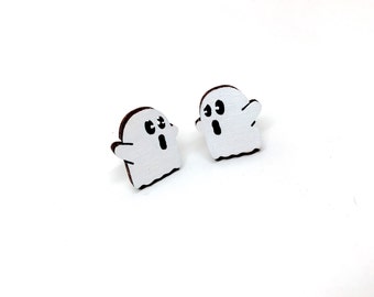 Little Spooks Ghost Earrings, Laser Cut Wood Earrings, Halloween, Mini Ghosts, Wooden Jewelry by Ngo Creations