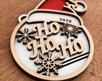 Personalized Year Christmas HoHoHo Ornament: Double layer with Christmas Hat design - Custom Christmas Gift, Holiday decor, teacher gift
