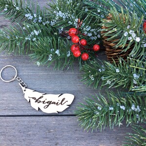Personalized Wood Feather Keychain, 3W Keychain, Engraved Keychain, Cute Anniversary Wedding Birthday Christmas Bridesmaid Key Chain Ring image 7