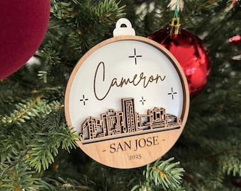 Personalized Name with City, Town, Cityscape Ornament and date–, 4"D