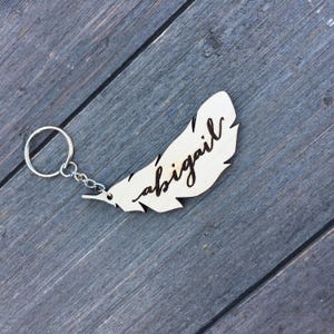 Personalized Wood Feather Keychain, 3"W Keychain, Engraved Keychain, Cute Anniversary Wedding Birthday Christmas Bridesmaid Key Chain Ring