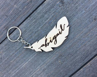 Personalized Wood Feather Keychain, 3"W Keychain, Engraved Keychain, Cute Anniversary Wedding Birthday Christmas Bridesmaid Key Chain Ring