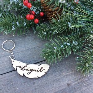 Personalized Wood Feather Keychain, 3W Keychain, Engraved Keychain, Cute Anniversary Wedding Birthday Christmas Bridesmaid Key Chain Ring image 8