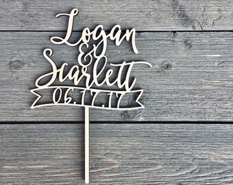 Personalized Names Cake Topper with Date Banner 6" inches wide, Wedding Cake Topper, Custom Cake Topper, Name Cake Topper Cute Rustic Unique