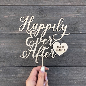 Personalized Happily Ever After Initials & Date Cake Topper with Heart 6" inches wide, Wedding Cake Topper, Fairytale Cake Topper, Custom
