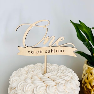 Personalized One with Engraved Banner Cake Topper, First Birthday Topper, Turning 1, Personalized 1st Birthday Custom Baby Turns One image 1