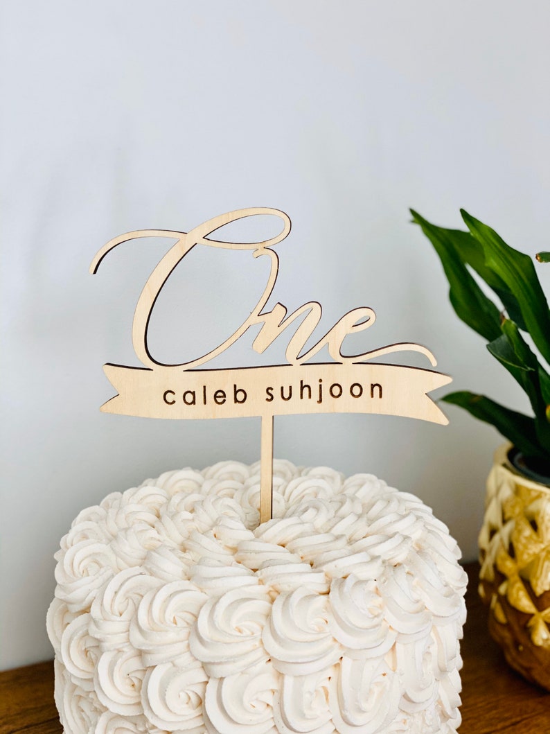 Personalized One with Engraved Banner Cake Topper, First Birthday Topper, Turning 1, Personalized 1st Birthday Custom Baby Turns One image 1