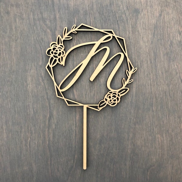 Floral Initial Cake Topper, Geometric Rustic Wedding Decor, 5"W