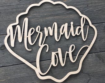 Mermaid Cove Wall Sign Cutout, 12"x11" inch size, Shell Wooden Sign, Nautical Beach Nursery Bedroom Kids Room Room Laser Cut Wood Sign
