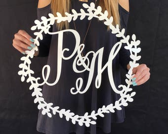 Initial Wreath Sign, Custom Wooden Sign, Initials Sign, Personalized Sign, Small Medium or Large, Rustic Backdrop Wedding Sign Nursery