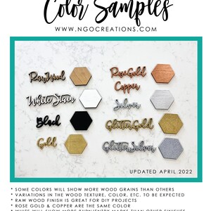 May include: Colour samples for wood crafts, showing different wood stains and finishes, including raw wood, white stain, black, gold, rose gold copper, silver, glitter gold, and glitter silver. Updated April 2022.