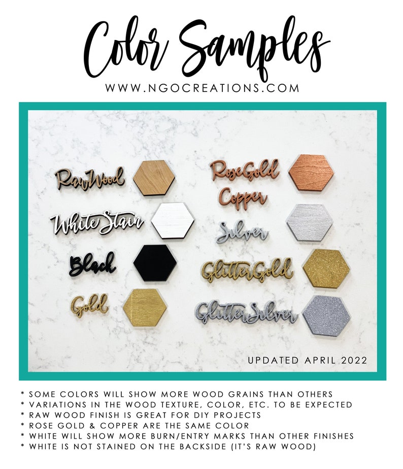 May include: Colour samples for wood crafts, showing different wood stains and finishes, including raw wood, white stain, black, gold, rose gold copper, silver, glitter gold, and glitter silver. Updated April 2022.