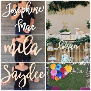 May include: A collage of images featuring wooden name signs in cursive script. The names include Josephine Mae, Brent, Mila, Logan, Saydee, and Julia. The signs are displayed in various settings, including a party table, a flower wall, and a person holding the sign.