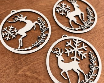 3qty Reindeer Ornaments, 4” inches wide, Unique WOOD Christmas Ornaments, Decor, Holiday gift