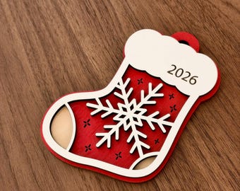 Personalized Year Stocking Ornament : Double layer with Snowflake design - Custom Christmas Gift, Holiday decor, teacher gift