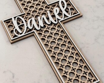 Personalized Name on Cane pattern Cross wood Sign - Laser Cut  Sign - Birthday Gift Home Decor