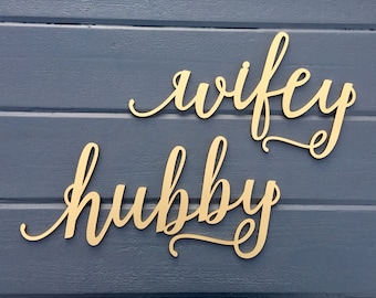 Hubby and Wifey Chair Signs, Laser Cut Chair Backs Husband Wife Modern Calligraphy by Ngo Creations