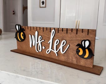 Personalized Wood Teachers Name Desk Sign, Ruler shape with Bees Decor