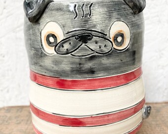 Black Pug Planter Peppermint Striped